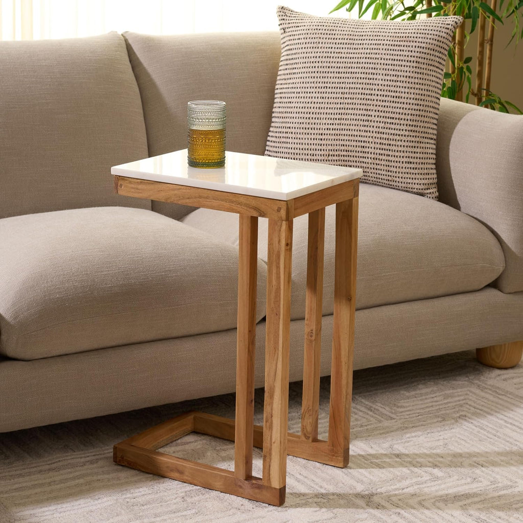 SAFAVIEH Furniture - Zinaida Accent Table - White & Natural - Marble Top Solid Wood C Table - Modern Side Table - Fully Assembled - Ideal for Living Room, Bedroom, 14" W x 17" D x 22.5" H (ACC3757A)