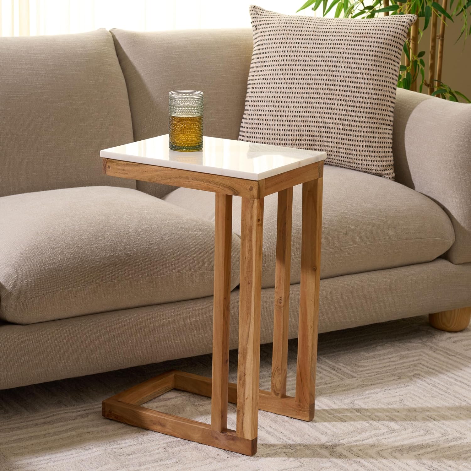 SAFAVIEH Furniture - Zinaida Accent Table - White & Natural - Marble Top Solid Wood C Table - Modern Side Table - Fully Assembled - Ideal for Living Room, Bedroom, 14" W x 17" D x 22.5" H (ACC3757A)