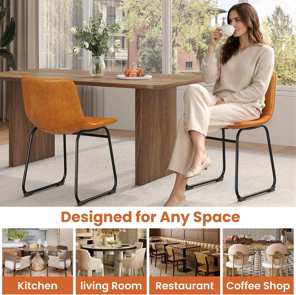 REONEY Dining Chairs Set of 6, 18" PU Leather Armless Dinner Chairs with Backrest, Modern Kitchen Dining Room Chair with Metal Legs for Home (Brown)