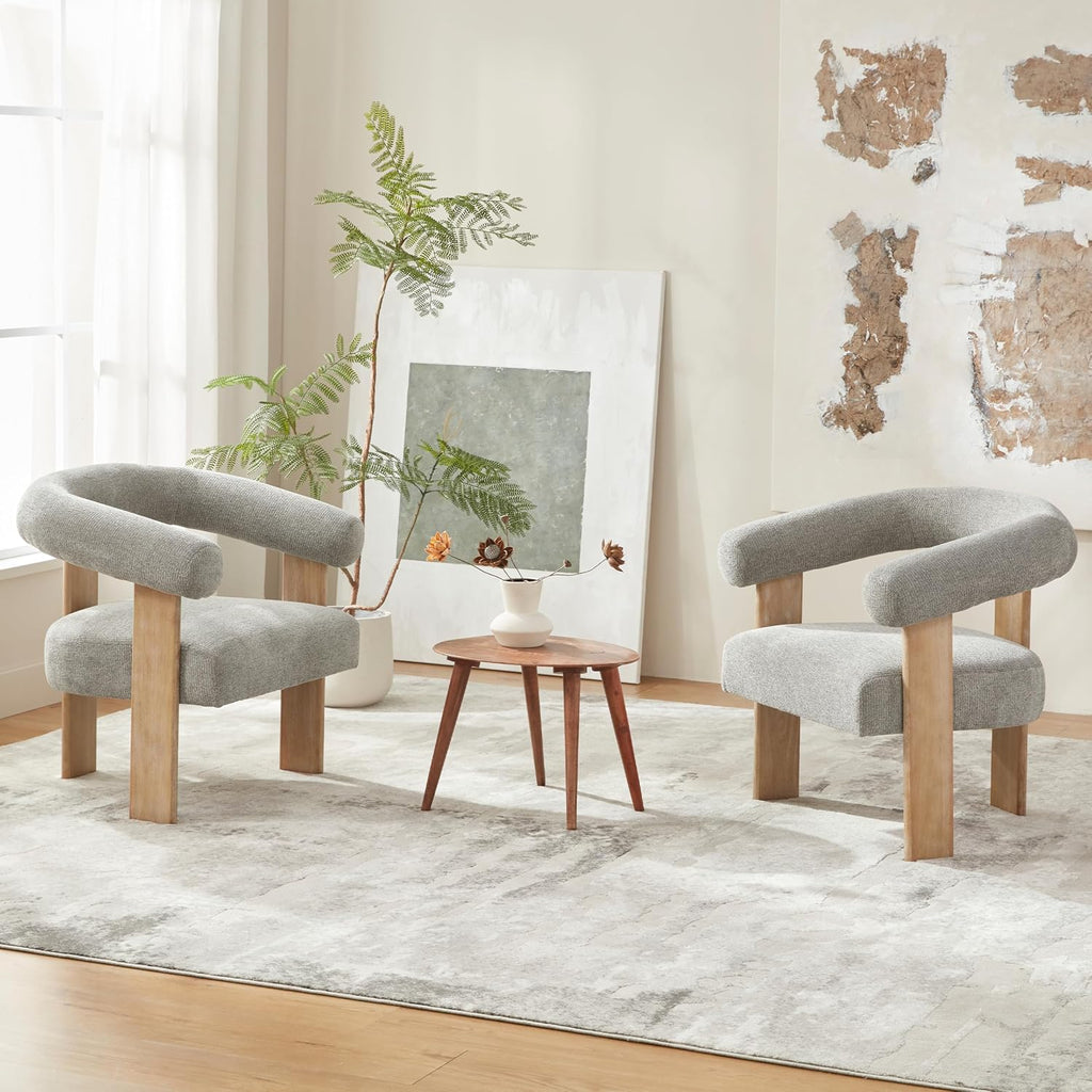 VKNOW Barrel Accent Chairs Set of 2 with Armrests and Rubberwood Legs | Mid Century Modern Upholstered Living Room Chairs with Open Back, Chenille Fabric, for Living Room, Bedroom, Light Gray