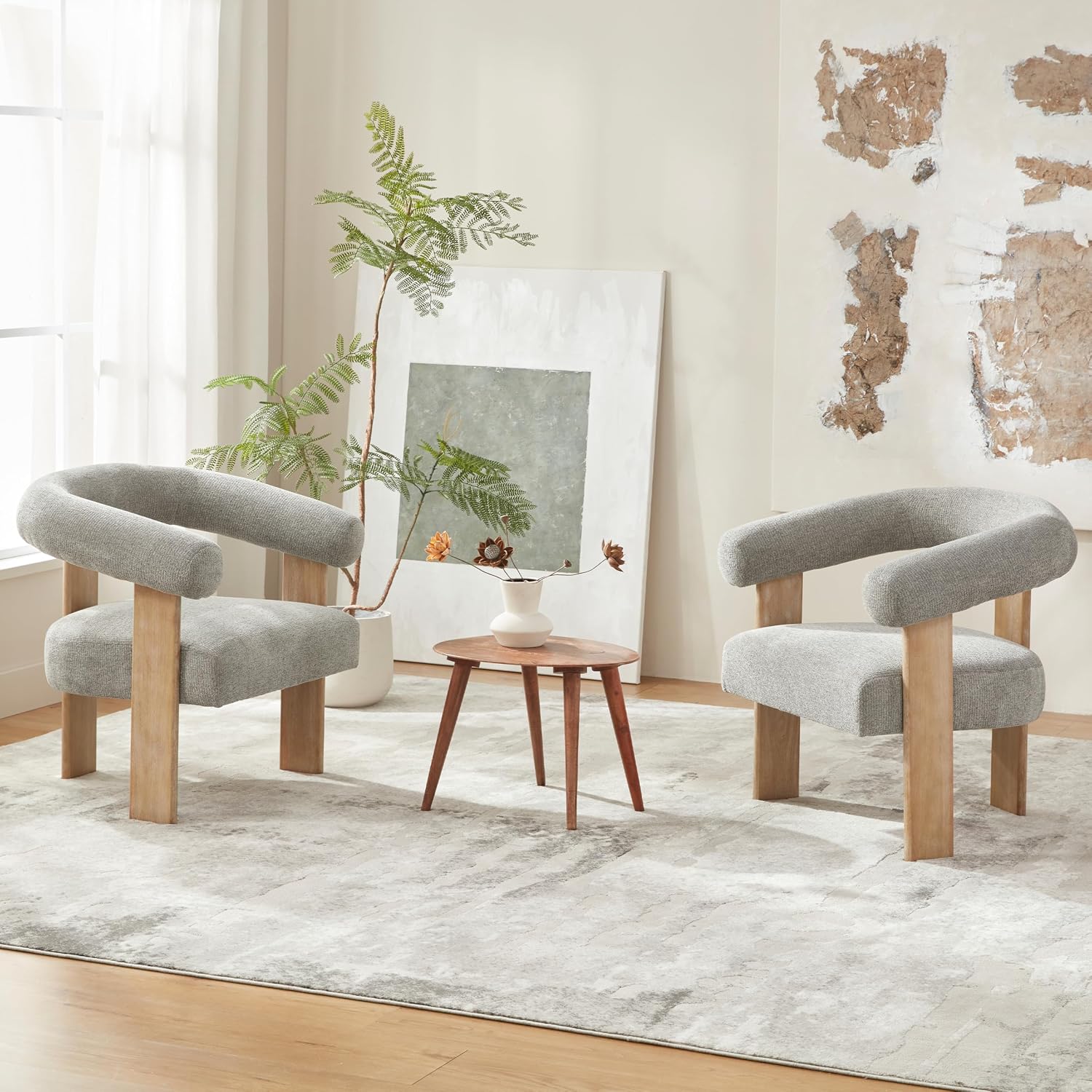 VKNOW Barrel Accent Chairs Set of 2 with Armrests and Rubberwood Legs | Mid Century Modern Upholstered Living Room Chairs with Open Back, Chenille Fabric, for Living Room, Bedroom, Light Gray