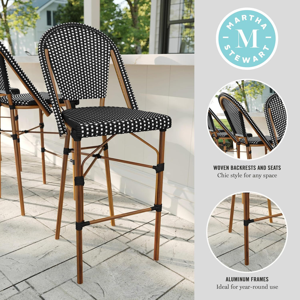 Martha Stewart Lily Pond Indoor-Outdoor Stackable Bar Stools with Natural Woodgrain Aluminum Frame Finish, Black/White Woven Rattan Backrests and Seats, Set of 2