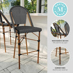 Martha Stewart Lily Pond Indoor-Outdoor Stackable Bar Stools with Natural Woodgrain Aluminum Frame Finish, Black/White Woven Rattan Backrests and Seats, Set of 2