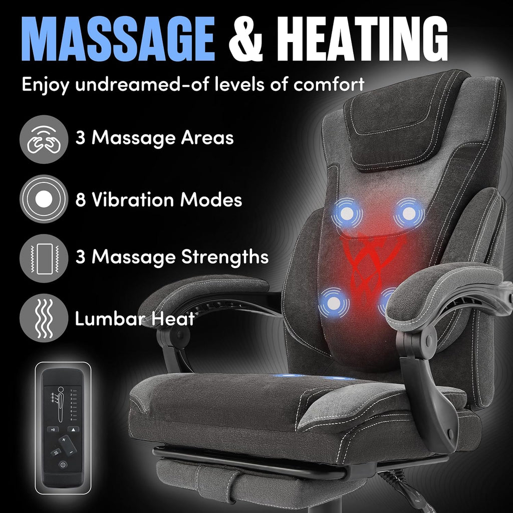 Office Chair with Footrest,6-Point Vibration Massage & Heat Executive Office Chairs,Big and Tall Fabric Office Chair 500LBS,Ergonomic Desk Chair for Heavy People,Recliner with Padded Armrest,Blackgrey