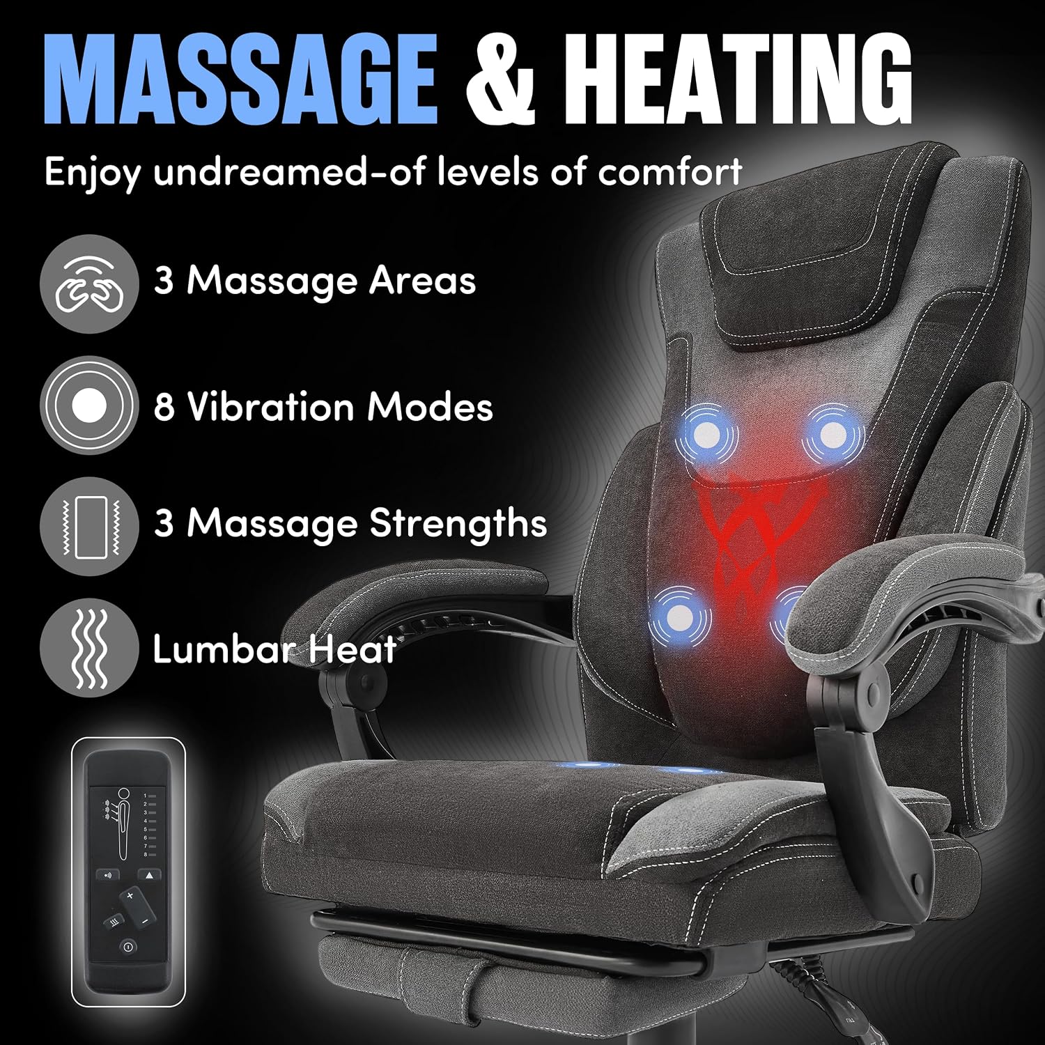 Office Chair with Footrest,6-Point Vibration Massage & Heat Executive Office Chairs,Big and Tall Fabric Office Chair 500LBS,Ergonomic Desk Chair for Heavy People,Recliner with Padded Armrest,Blackgrey