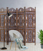 Room Divider Wood Screen - Ghanti Bells Antique Brown - 4 Panel Folding 72 x 80 - Assembled Hand Carved Decorative Functional Versatile Portable Partition Reversible Privacy Boho - COTTON CRAFT