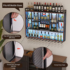4-Tiers 59in Wine Rack Wall Mounted with LED Light, Floating Bar Shelves for Liquor Bottles, Metal Industrial Hanging Display Shelf for Home Kitchen Bar Cafe Wine Cellar Decoration