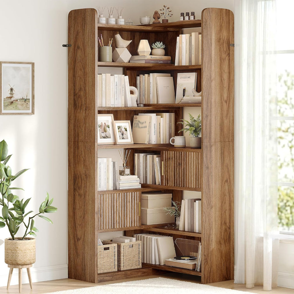 DurayLoly 75" Tall Corner Bookshelf, 7 Tiers Wood Bookcase with 2 Enclosed Storage Cabinet, Adjustable Corner Cabinet for Living Room, Home Office, Bedroom, Kitchen, Brown