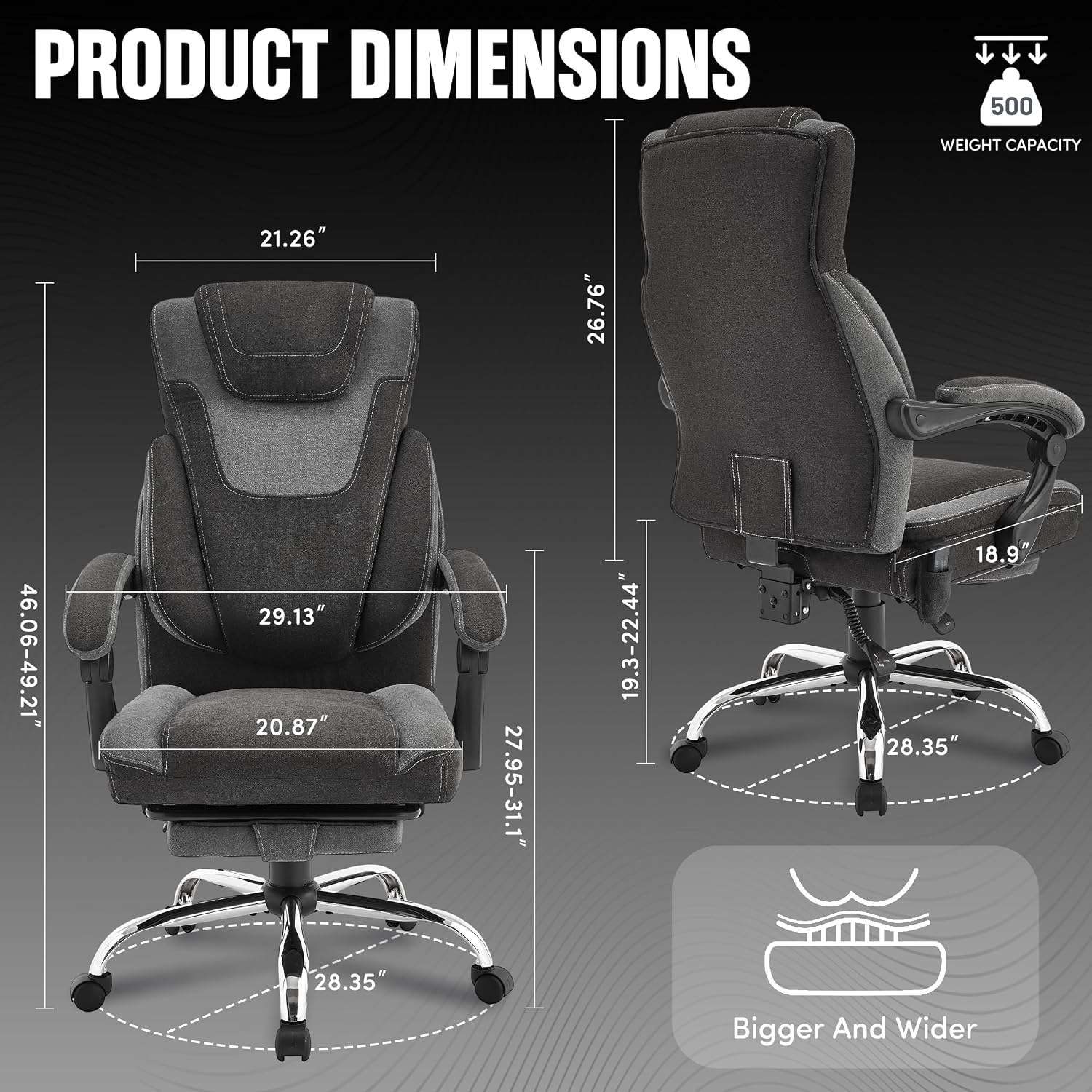 Office Chair with Footrest,6-Point Vibration Massage & Heat Executive Office Chairs,Big and Tall Fabric Office Chair 500LBS,Ergonomic Desk Chair for Heavy People,Recliner with Padded Armrest,Blackgrey