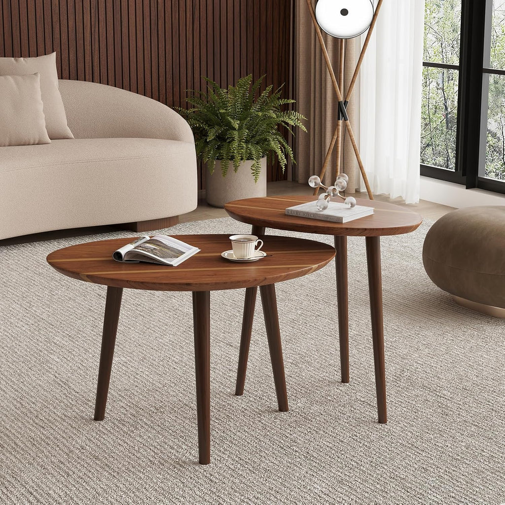 Small Oval Coffee Tables Set,Acacia Wood Nesting Tables（25.6"x17.7"+17.7"x13.4" for Living Room Small Spaces Office,Easy Assembly Wooden Minimalist Walnut Mid Century Modern Coffee Table