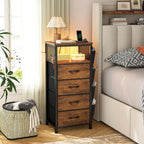 EnHomee LED Nightstand with Charging Station, Bedside Table with Fabric Drawers and Storage Shelf, Sturdy Steel Frame, Wood Top, Cloth Bags, Hooks, Brown
