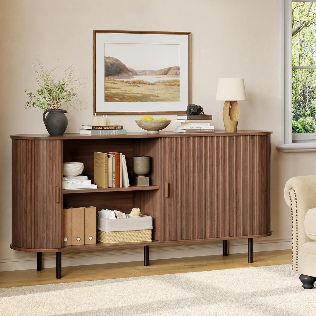Buffet Sideboard Cabinet with Storage, 63" Fluted Cabinet with Sliding Door & Adjustable Shelf, Modern Accent Coffee Bar Console Table for Kitchen, Entryway, Walnut