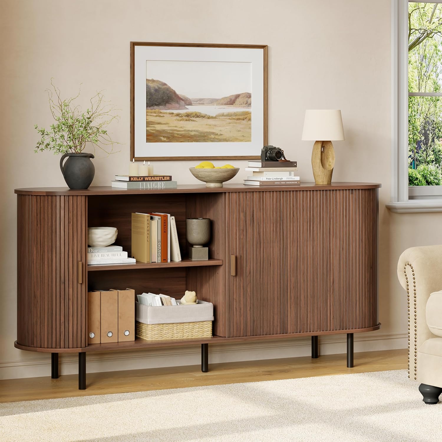 Buffet Sideboard Cabinet with Storage, 63" Fluted Cabinet with Sliding Door & Adjustable Shelf, Modern Accent Coffee Bar Console Table for Kitchen, Entryway, Walnut