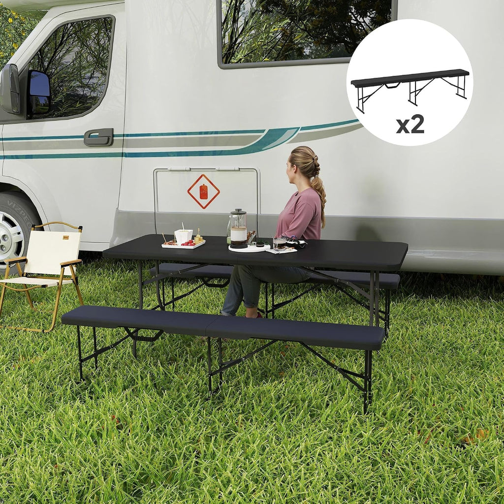 Portable 6-Foot Folding Benches (2-Pack): Waterproof HDPE Seats, Powder-Coated FFor rame, 529lb Load, Fold to 36.2", Black