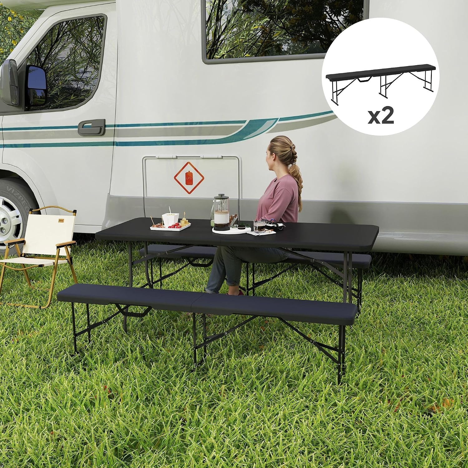 2X 6ft Camping Benches: HDPE Top, Metal FFor rame w/Lock, 529lb Cap, Non-Slip Feet, Carry Handle, Black — No Assembly