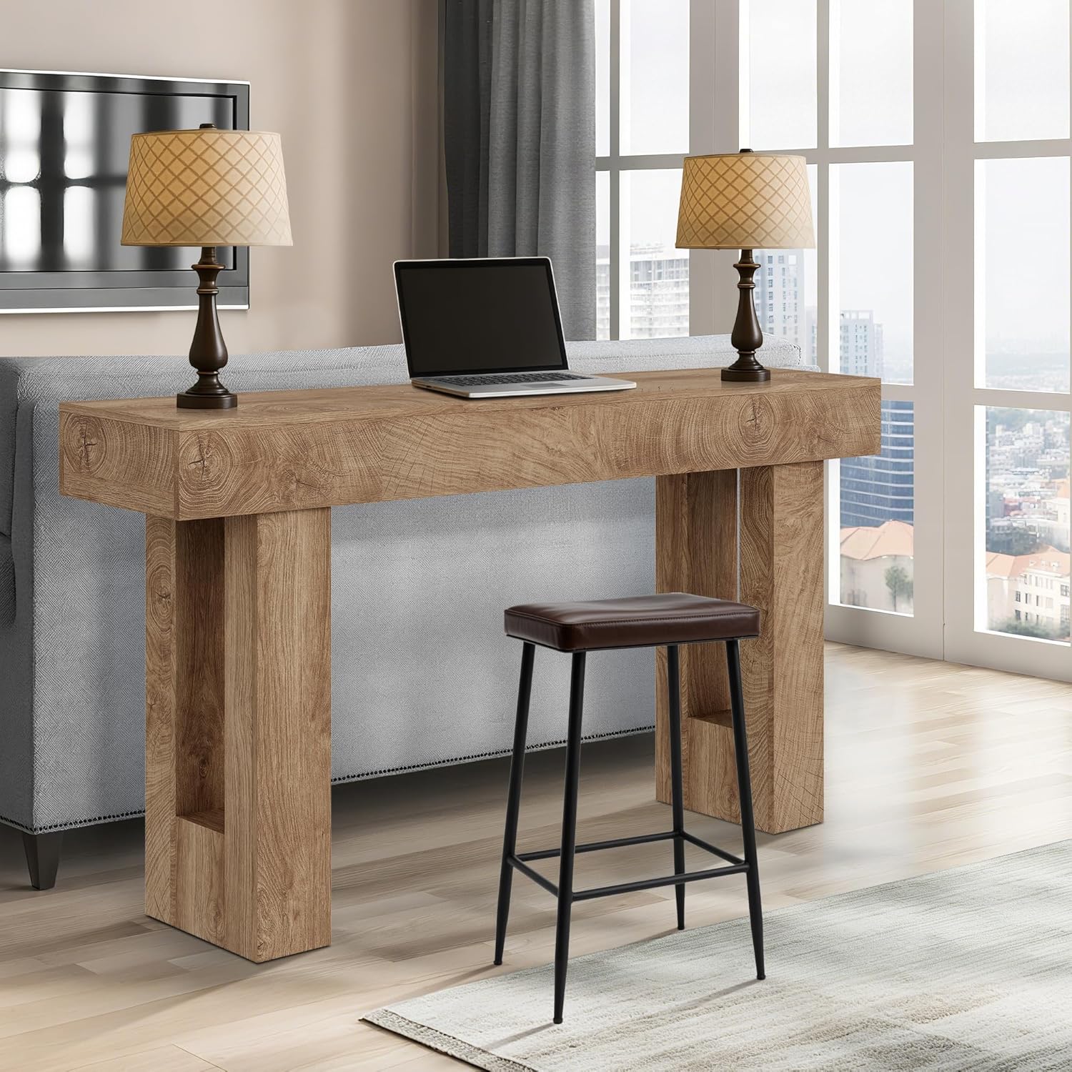 GarveeHome Farmhouse Console Table - 61 in Minimalist Vintage Entryway Table, Storage Rustic Sofa Table with Open Shelves for Hallway, Living Room, Foyer, Bedroom - Knife Cut Wood Grain