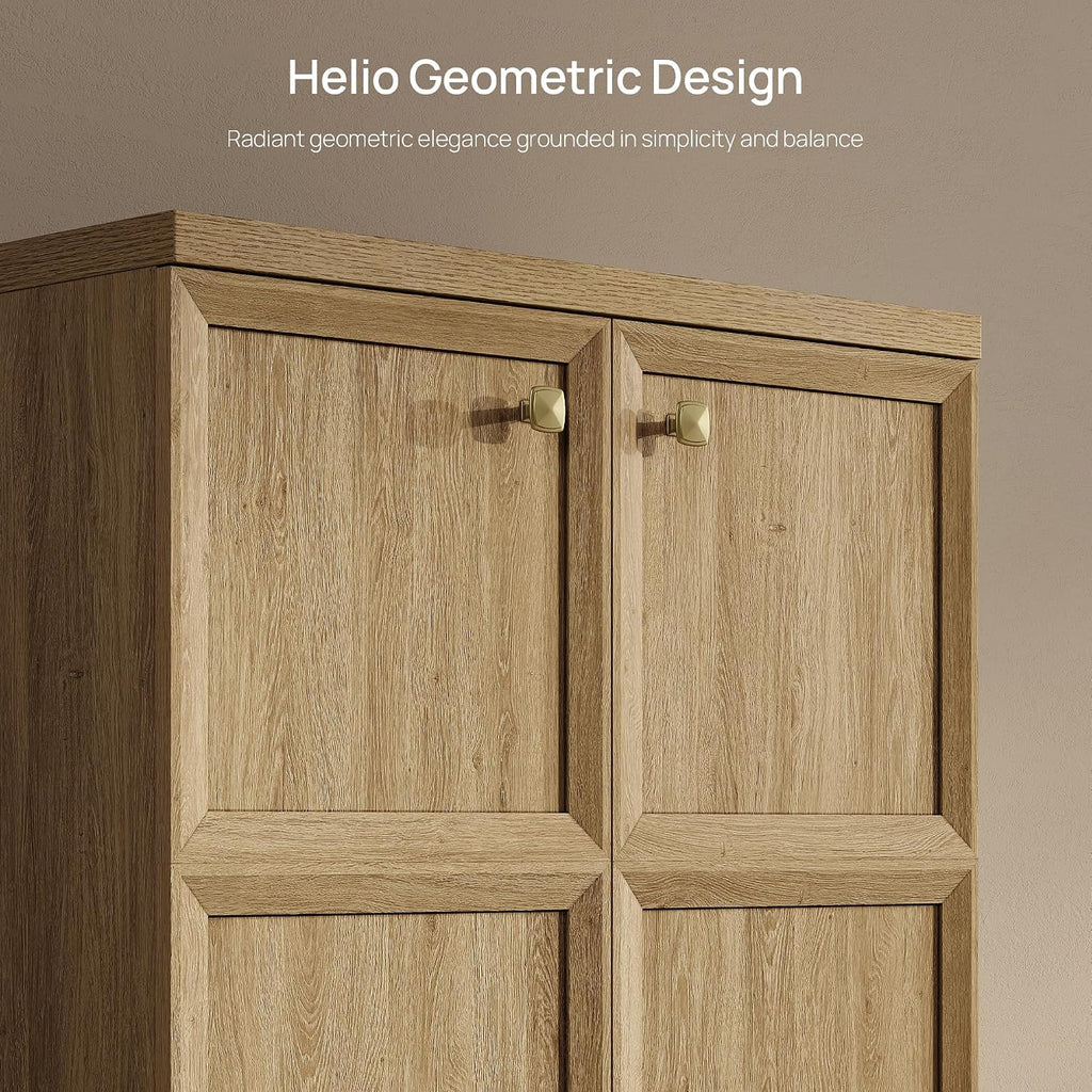 SICOTAS Buffet Cabinet with Storage, 34" Tall Modern Farmhouse Sideboard with 2 Adjustable Shelves & Geometric Doors, Large Credenza with Luxury Gold Handles for Kitchen Living Room, Brown Oak, 1 PCS