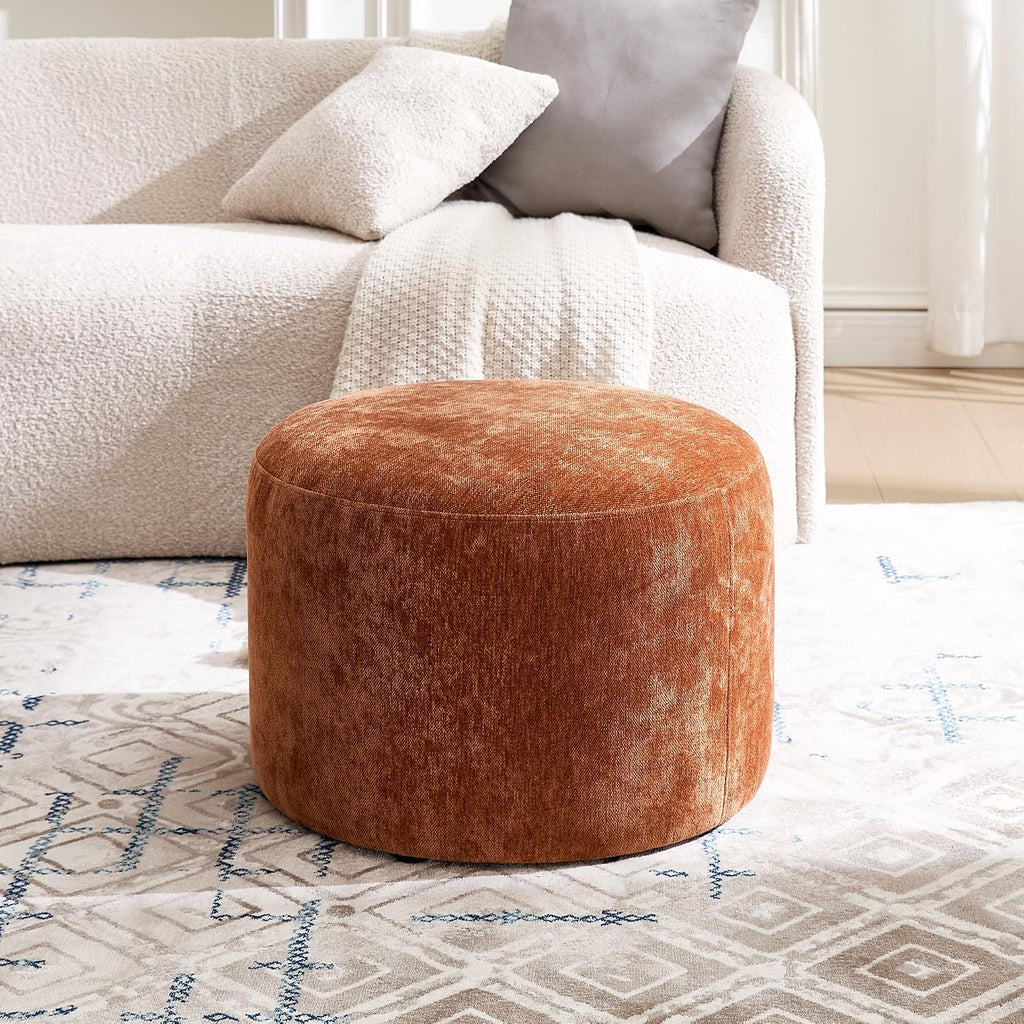 Upholstered Round Ottoman, Modern Small Footstool with Soft Padded Seat & Solid Wood Frame, Multifunctional Vanity Stool Accent Seat for Living Room, Bedroom, Entryway, Orange-Brown Chenille