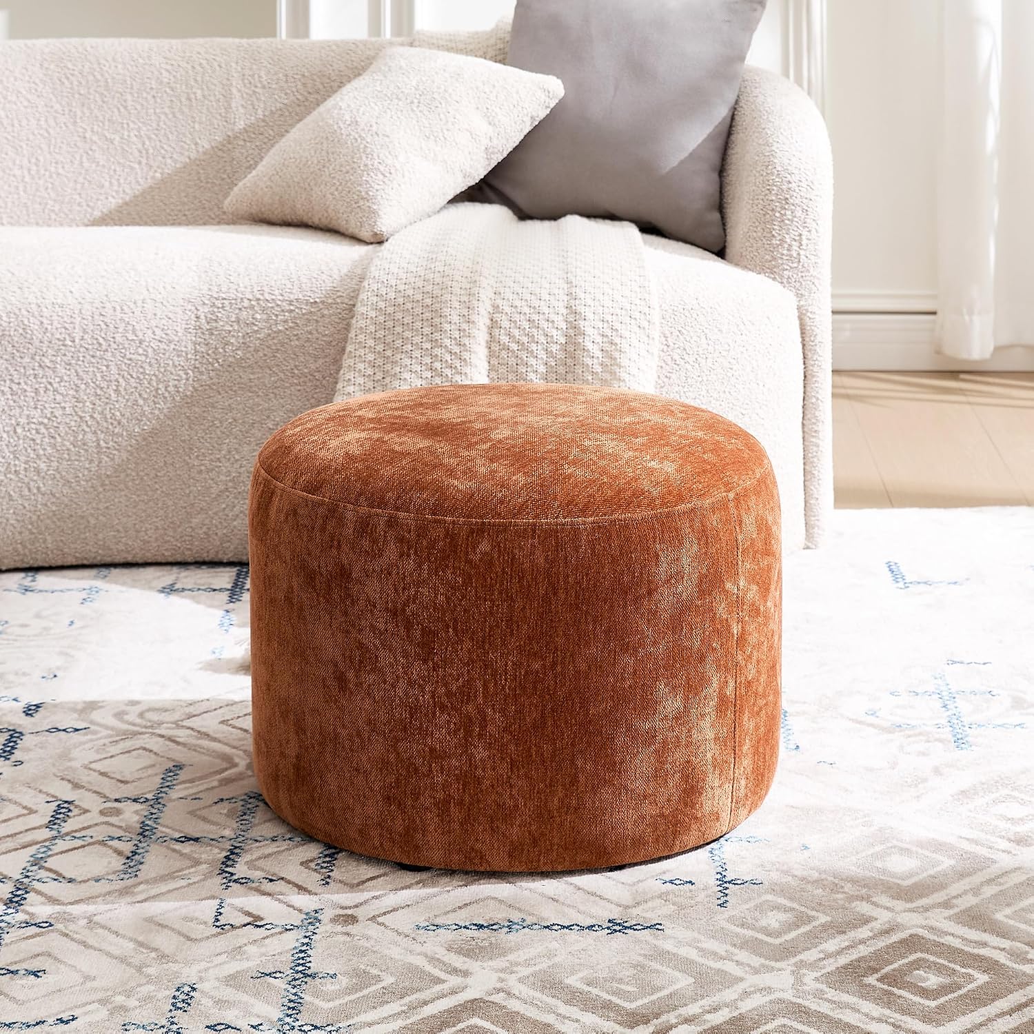 Upholstered Round Ottoman, Modern Small Footstool with Soft Padded Seat & Solid Wood Frame, Multifunctional Vanity Stool Accent Seat for Living Room, Bedroom, Entryway, Orange-Brown Chenille