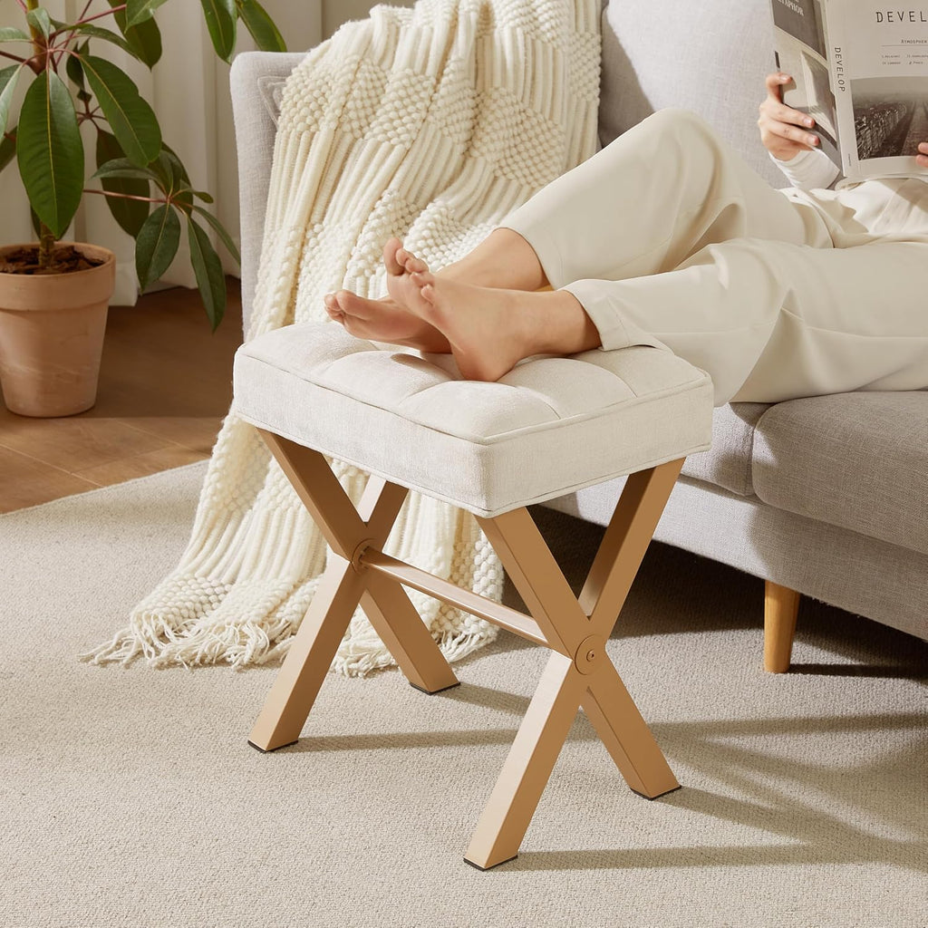 Royal Windsor Vanity Stool,Square Ottoman Stool Foot Rest,Upholstered Vanity Chair Foot Stool with Metal X Legs, Small Vanity Seat for Entryway,Bedroom and Living Room,Linen Beige