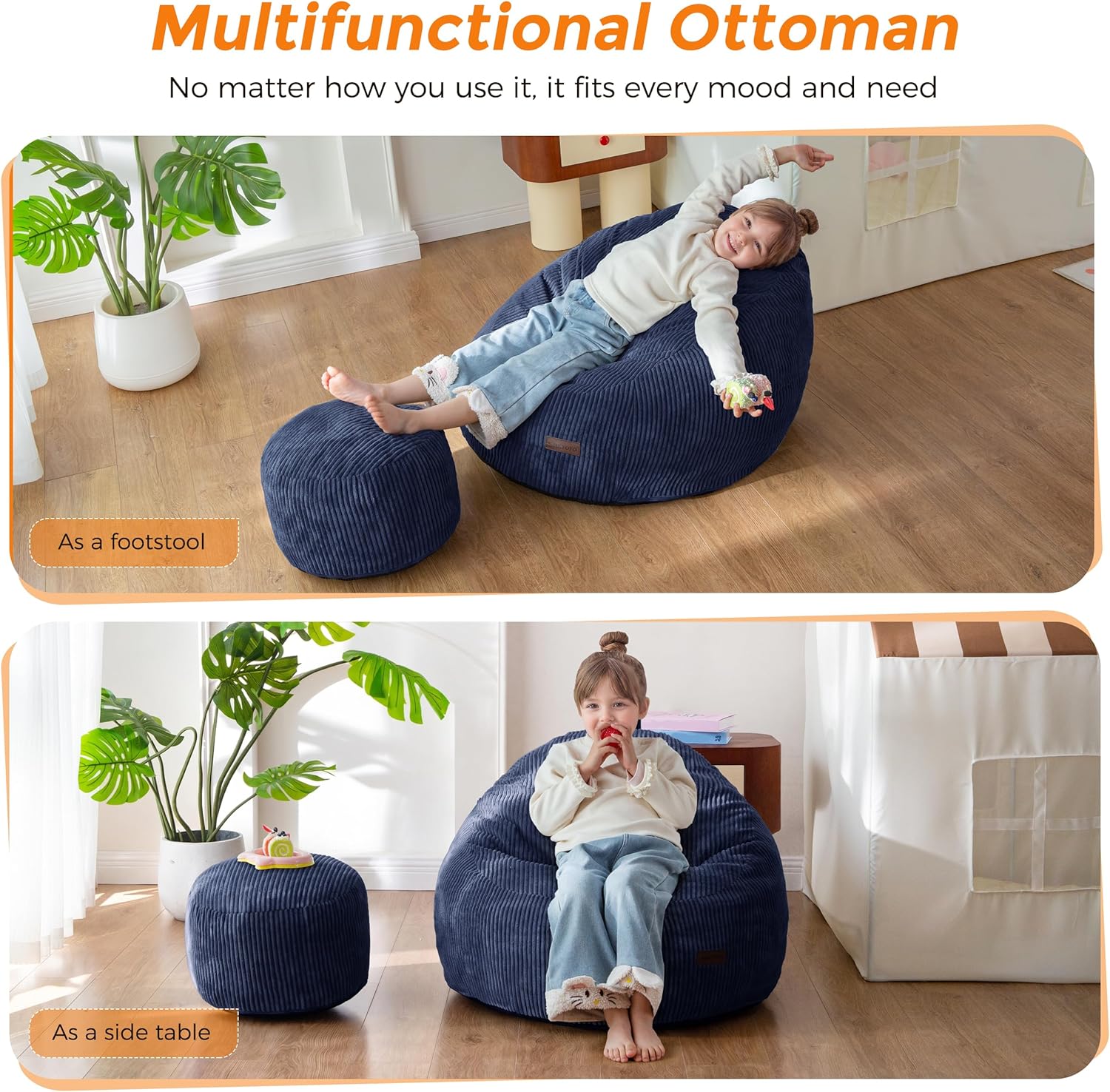 MAXYOYO Kids Bean Bag Chair with Ottoman, Soft Plush Bean Bag Sofa with Removable Cover for Boys and Girls, Convenient Floor Seat with Handle, Comfy Toddler Lounge Chair for Playroom, Bedroom, Navy
