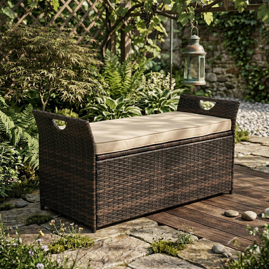 Outdoor Storage Bench, Wicker Rattan Deck Box with 2-Inch Thick Soft Cushion, Water Resistant Cushion Cover with Zipper for Patio Backyard Deck Poolside, Brown Gradient, 42 Inch