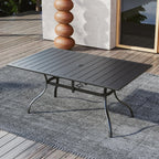 63"x38" Rectangle Outdoor Patio Dining Table with Umbrella Hole - 6 Person | 63" x 38" x 28" Rectangle Table, Slat Table Top, Black, Metal Top and Frame, 1.57"-1.9" Adjustable Umbrella Hole, All Weather