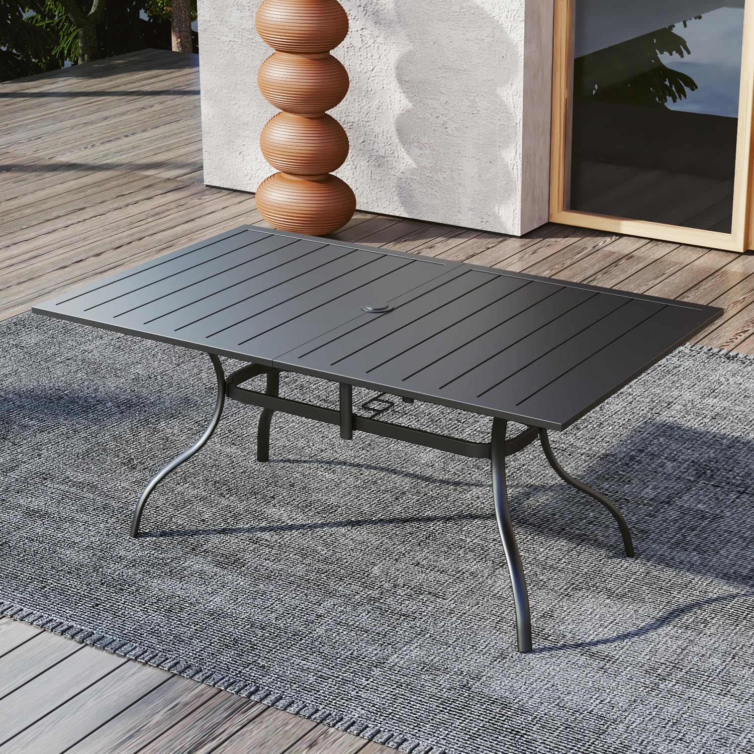 63"x38" Rectangle Outdoor Patio Dining Table with Umbrella Hole - 6 Person | 63" x 38" x 28" Rectangle Table, Slat Table Top, Black, Metal Top and Frame, 1.57"-1.9" Adjustable Umbrella Hole, All Weather