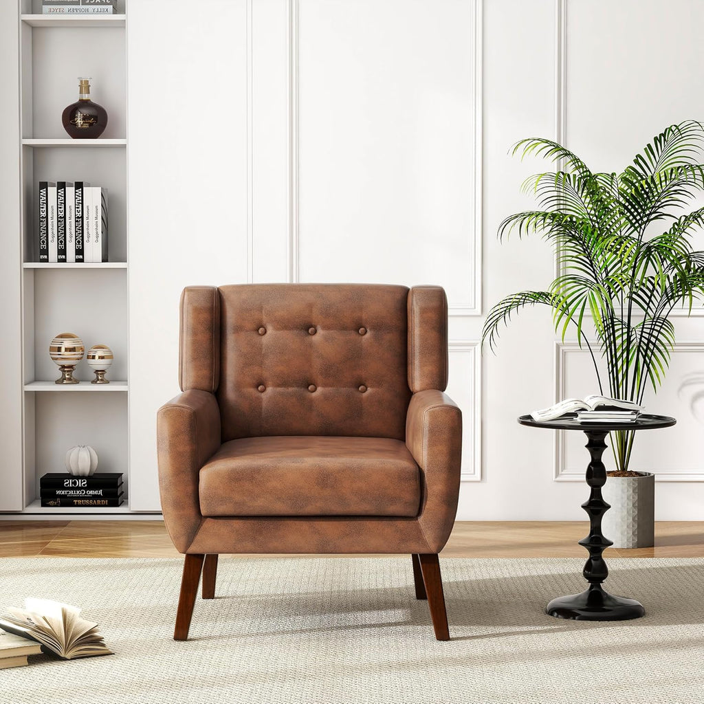 Faux Leather Accent Chair, Morden Upholstered Armchair for Living Room, Button Tufted Arm Chair Comfy Single Sofa Bedroom Side Reading Seat - Coffee