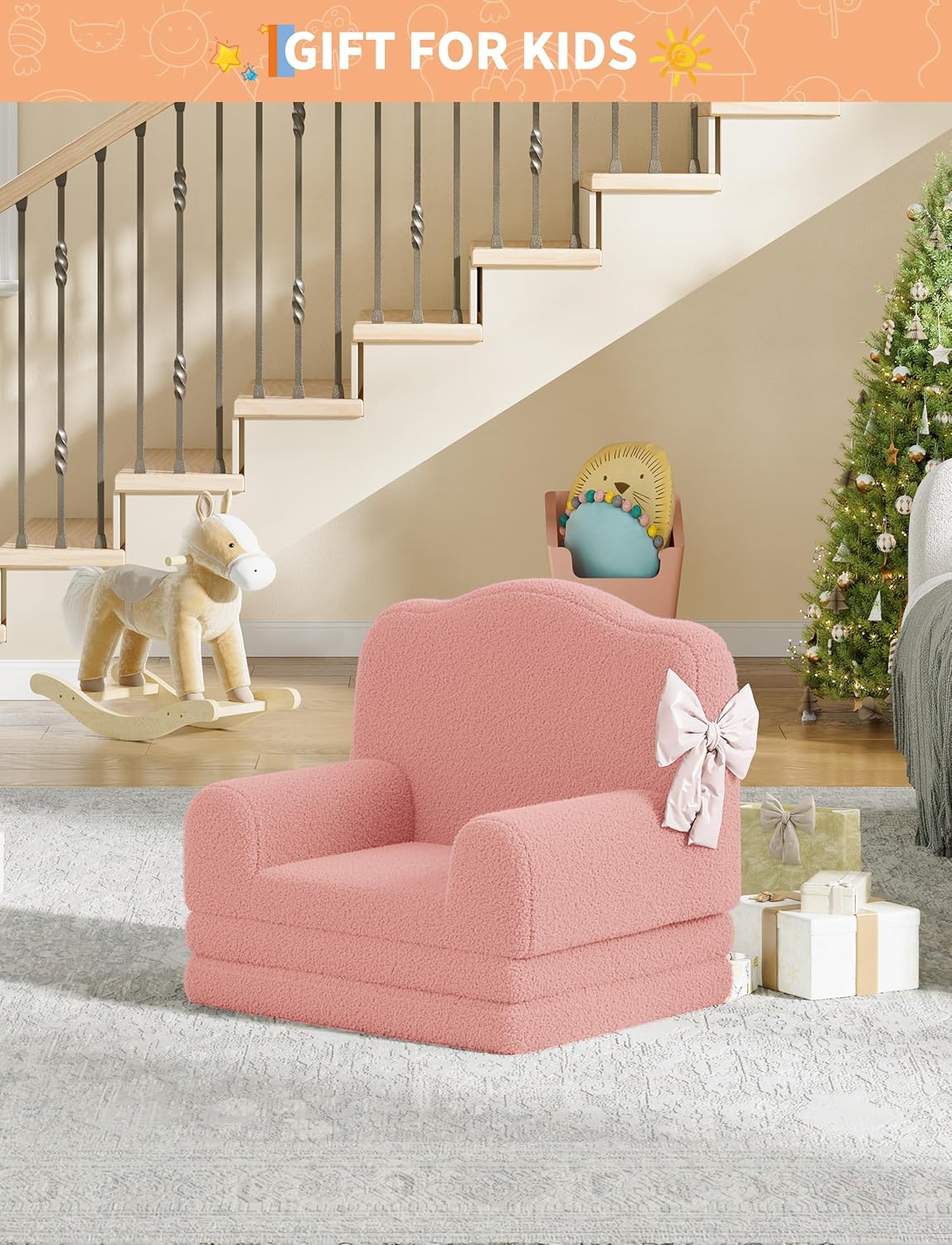 IDEALHOUSE Kids Sofa Chair, Sherpa Convertible Toddler Couch with Washable Cover, Crown Design Comfy Children's Reading Chair, Fold Out Sofa Bed for Playroom, Nursery, Girls & Boys