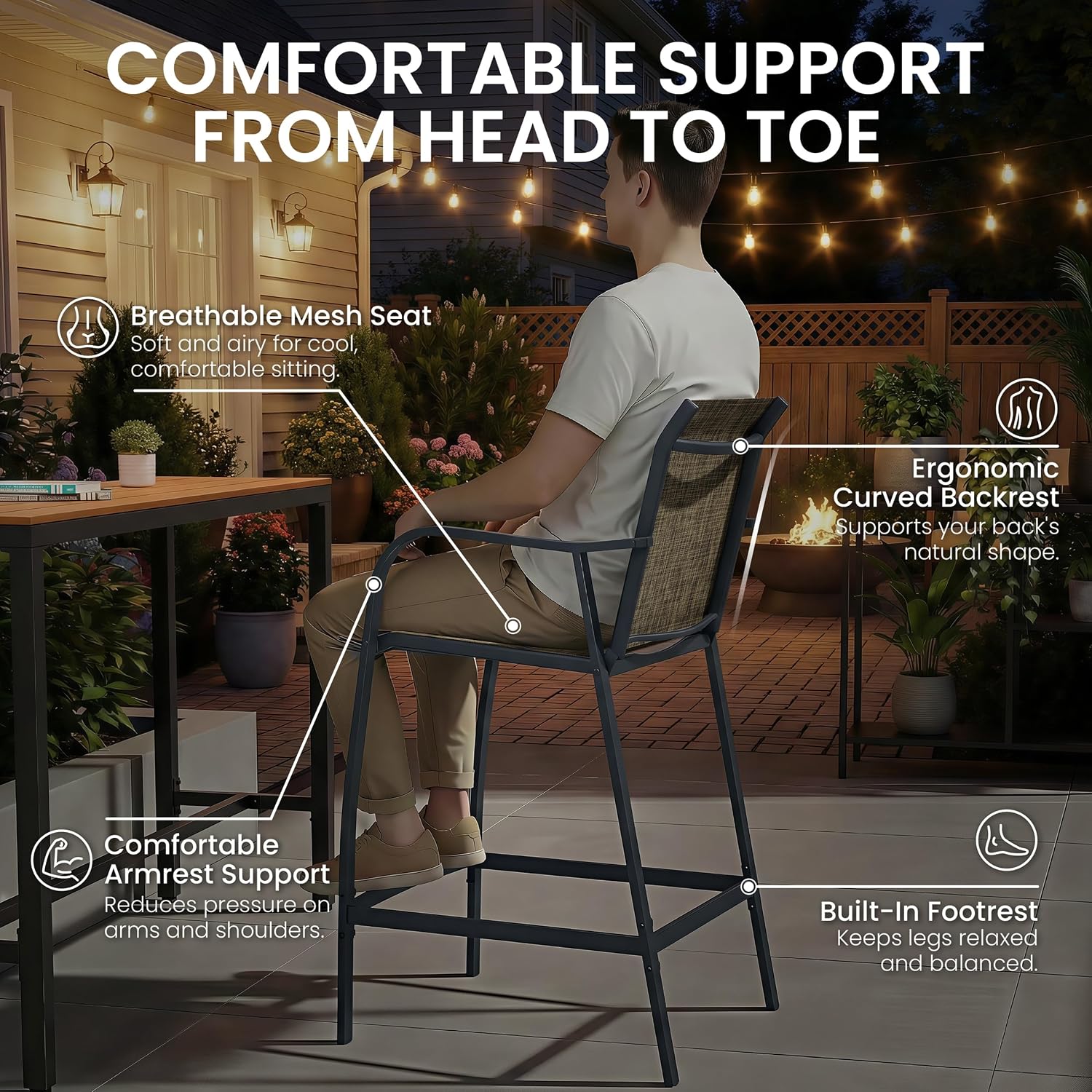 Crestlive Outdoor Bar Stools Set of 2, 500 lb Capacity Metal Patio Bar Chairs with Breathable Mesh Seat and Back – 28.7" Bar Height Stool for Backyard and Balcony