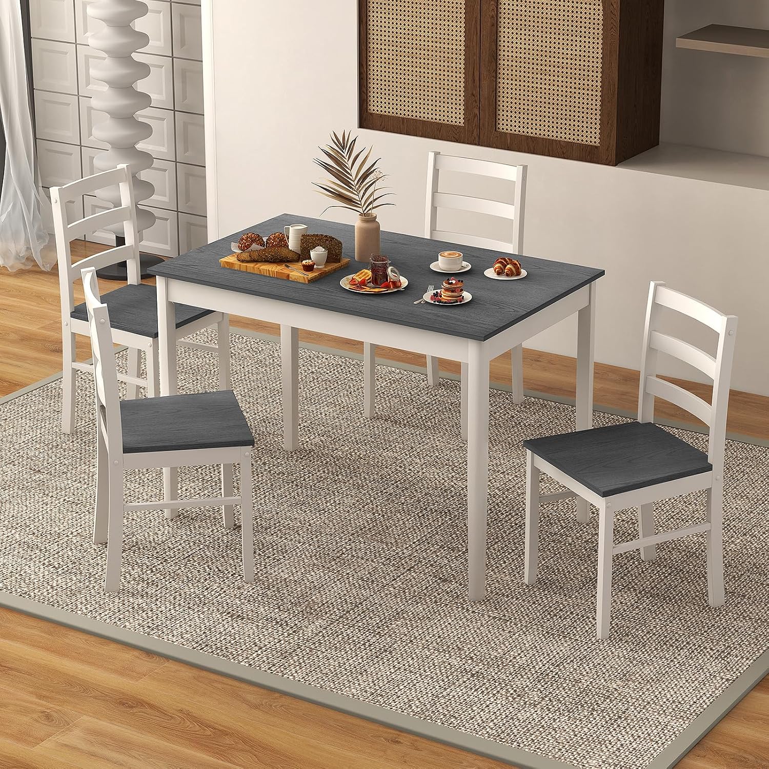 COSTWAY Dining Table Set for 4, 5-Piece Dinette Set with Rubber Wood Legs, Anti-Slip Pads & Space-Saving Design, Farmhouse Kitchen Table and Chairs for Kitchen, Apartment, Studio