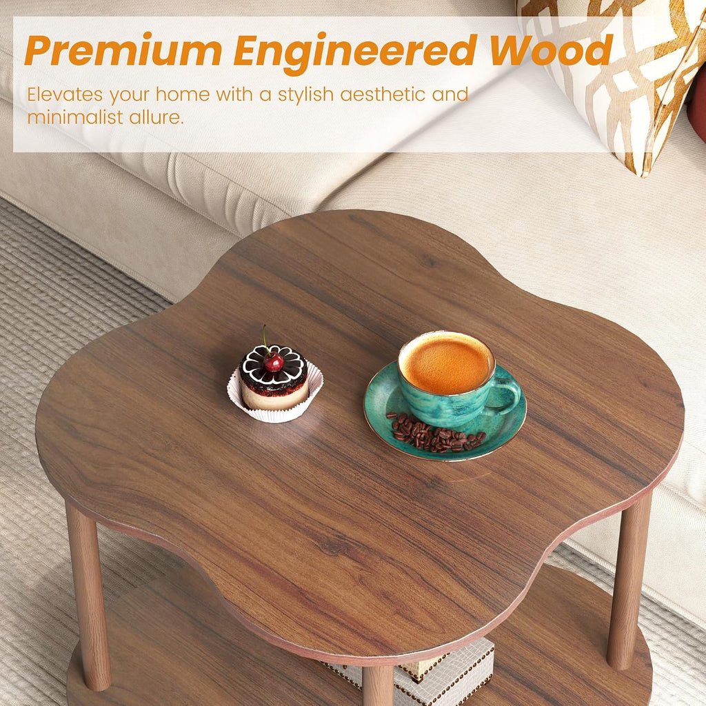 Wood End Side Table with Storage Shelf, 2-Tier Flower Shaped Coffee Table for Living Room, Walnut Sofa Tables, Modern Accent Side Tables for Couch, Farmhouse Nightstand for Bedroom, Small Spaces