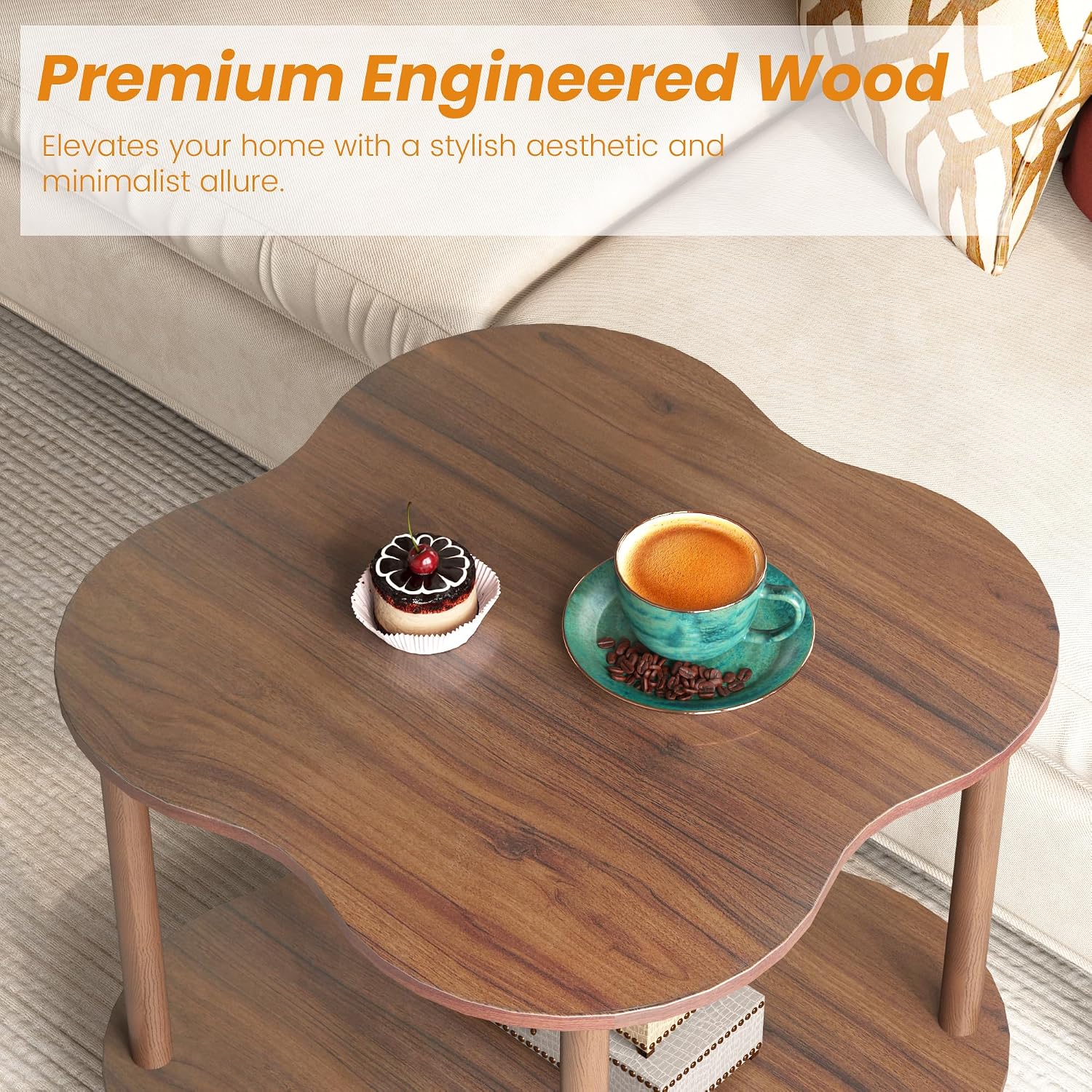 Wood End Side Table with Storage Shelf, 2-Tier Flower Shaped Coffee Table for Living Room, Walnut Sofa Tables, Modern Accent Side Tables for Couch, Farmhouse Nightstand for Bedroom, Small Spaces