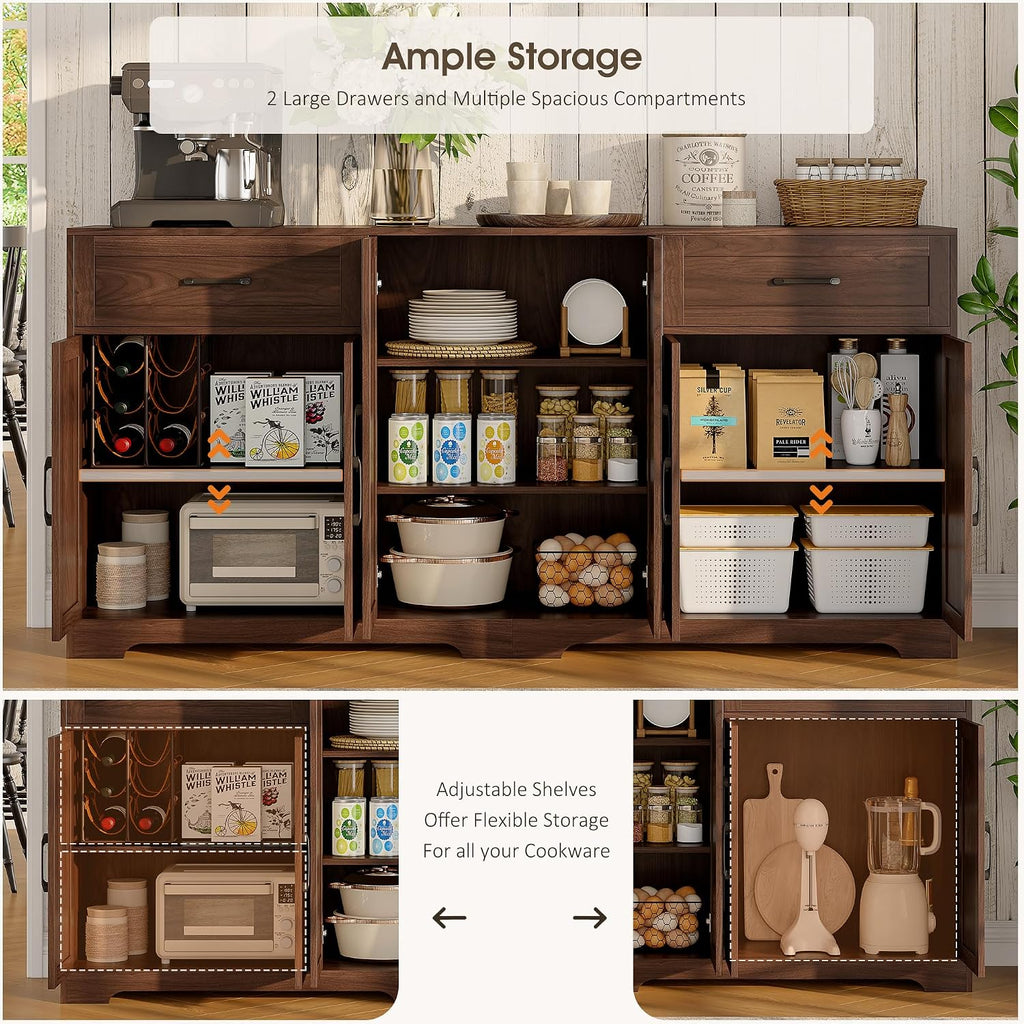 Whalefall 71" Farmhouse Sideboard Buffet Cabinet with Storage, Dark Brown | Large Coffee Bar with 2 Drawers & 6 Doors, Kitchen Credenza with Adjustable Shelves for Dining Room, Living Room TV Stand