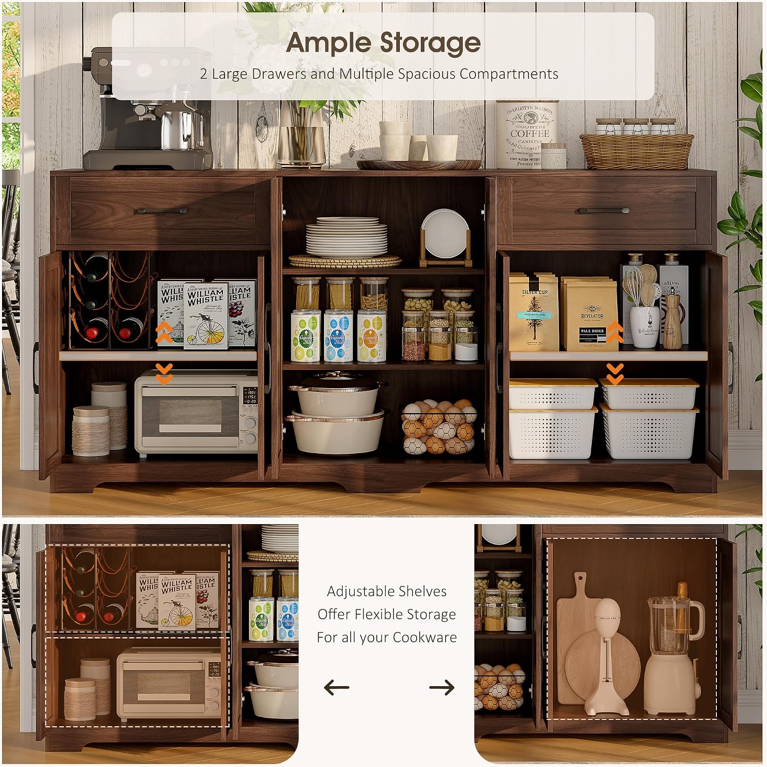 Whalefall 71" Farmhouse Sideboard Buffet Cabinet with Storage, Dark Brown | Large Coffee Bar with 2 Drawers & 6 Doors, Kitchen Credenza with Adjustable Shelves for Dining Room, Living Room TV Stand