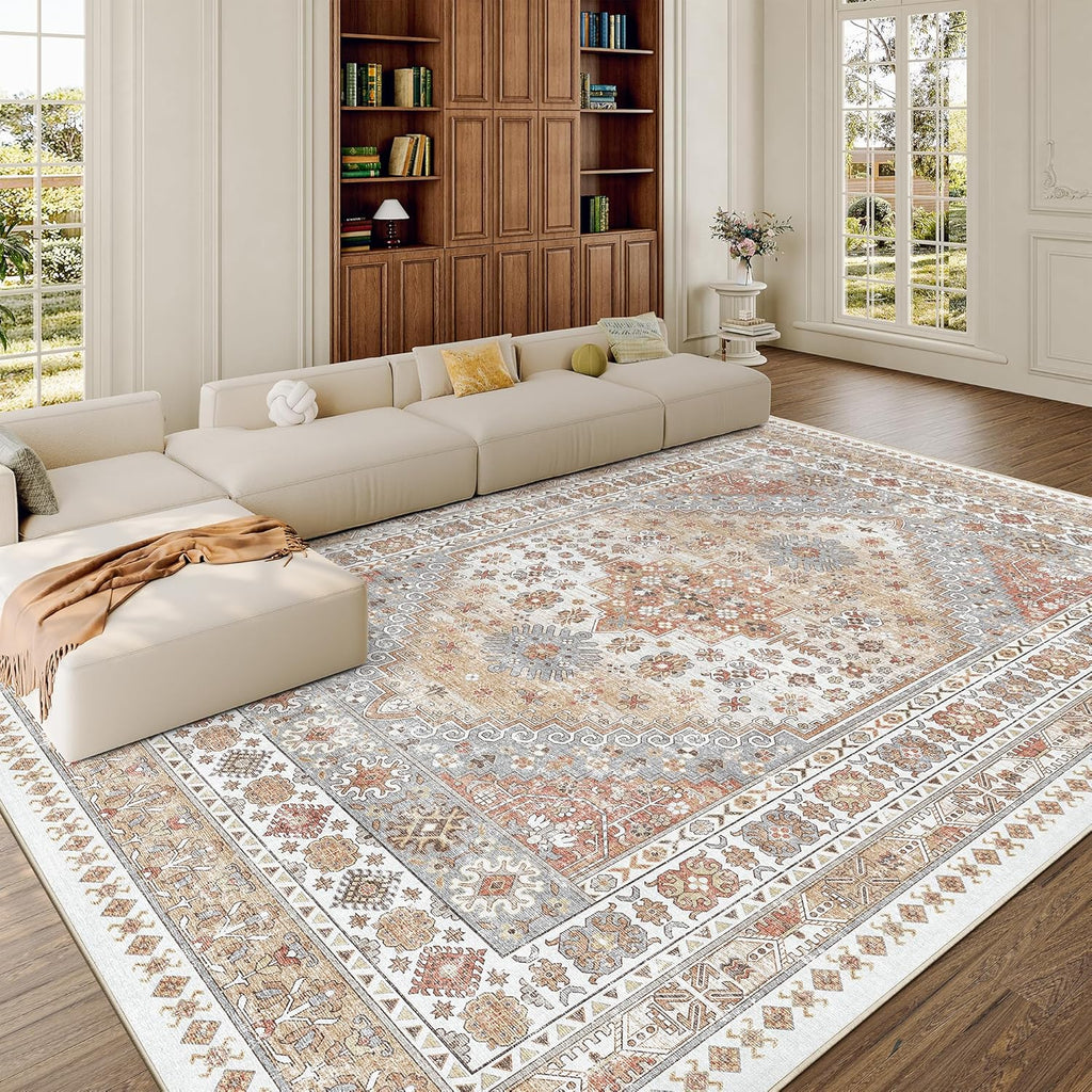 zesthome 8x10 Area Rugs for Living Room,Non-Slip Backing Washable Rugs,Vintage Large Area Rug，Stain Resistant Home Decor Rug (Orange,8'x10')