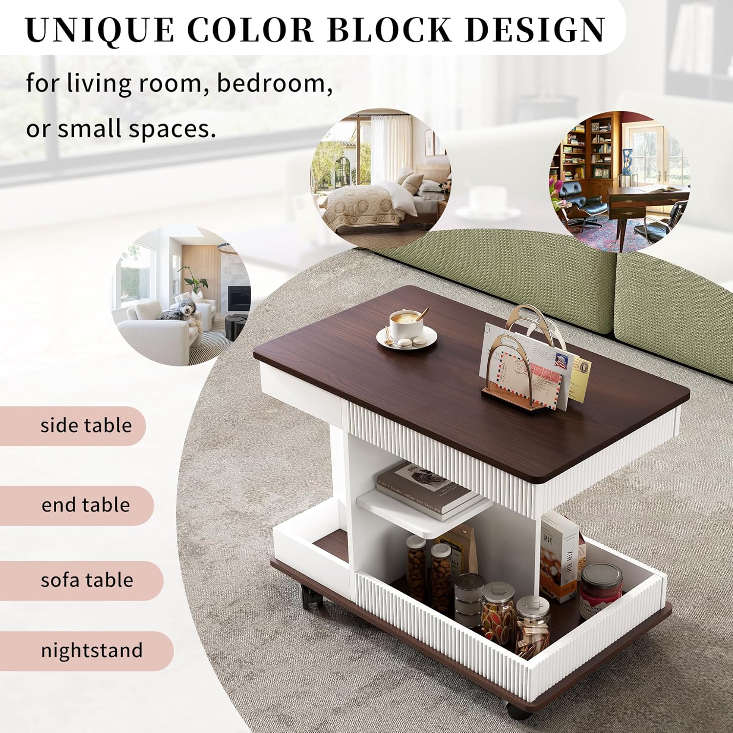 Adjustable End Table with Wheels, Modern Lift-Top Sofa Side Table, 360° Rotating Top & Storage Shelf – Multifunctional Small Space Furniture for Living Room, Bedroom, Office (White)