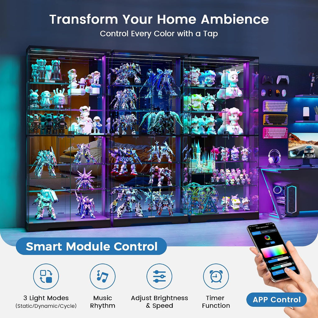 Glass Display Cabinet with RGB Lights,10-Tiers Curio Dispaly Cabinet with Human Body Sensor, Frameless Tall China Cabinets for Collectibles, Locking Showcase Cabinets with Shelf for Living Room