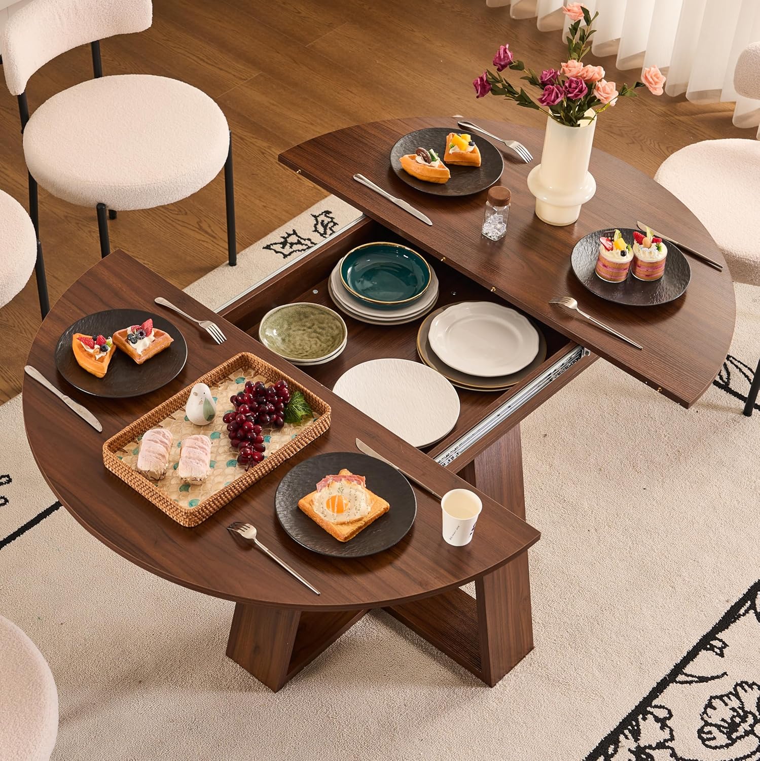 ClinQ 43.3-59in Extendable Round Room Dining Table for 4-6, Modern Kitchen Oval Dining Room Table, Removable Leaves Space Saving, Wooden Base Storage Shelf, Kitchen, Living Room, Dining Room, LWalnut