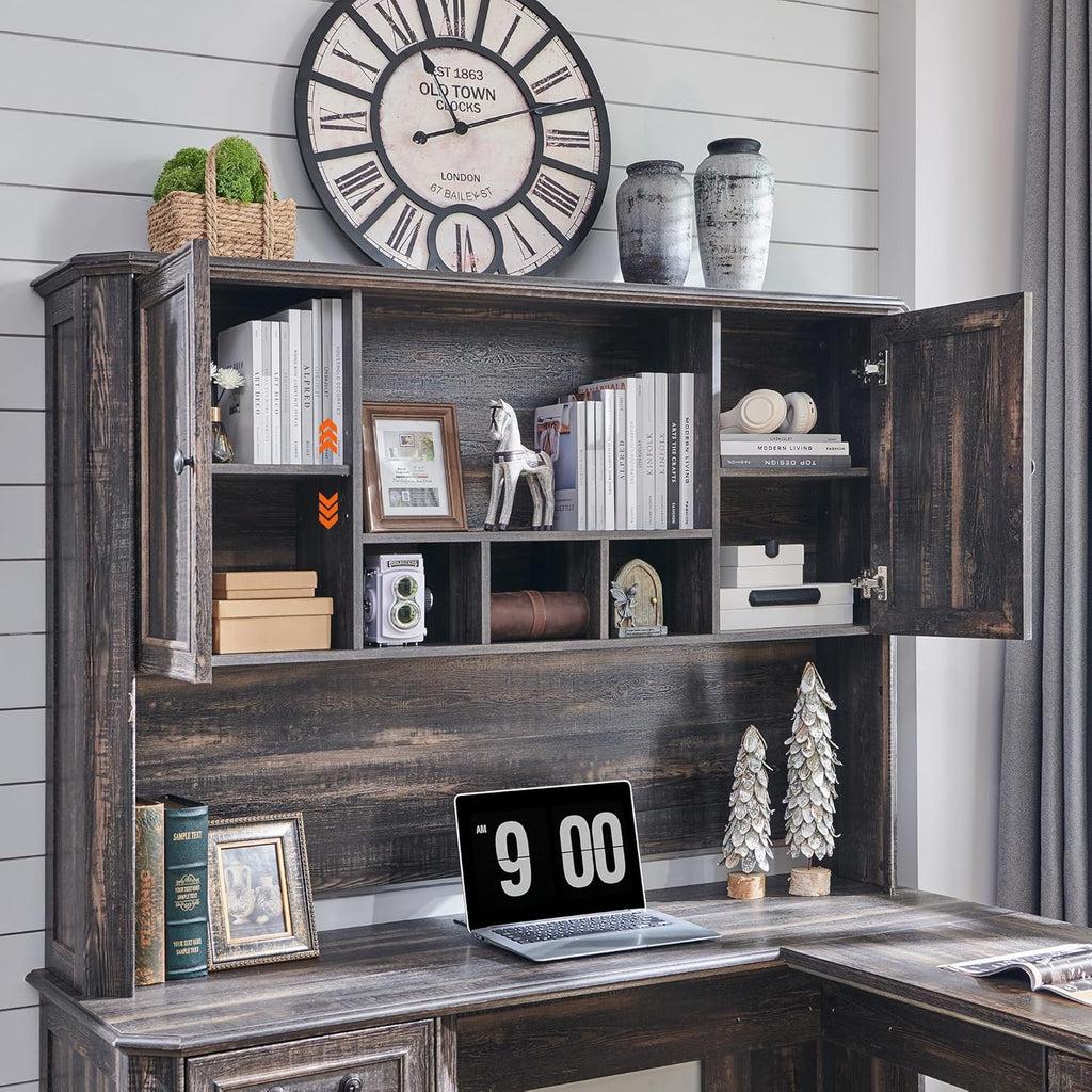 T4TREAM L Shaped Desk with Hutch,59" Farmhouse Wood Home Office Executive Desk,Charging Station,File Drawer, Storage Cabinet,Computer Desk for Work and Study (Dark Rustic Oak)