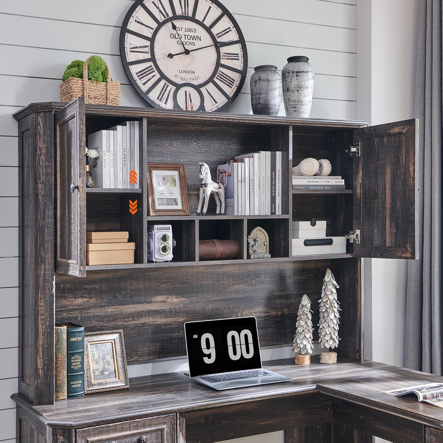T4TREAM L Shaped Desk with Hutch,59" Farmhouse Wood Home Office Executive Desk,Charging Station,File Drawer, Storage Cabinet,Computer Desk for Work and Study (Dark Rustic Oak)