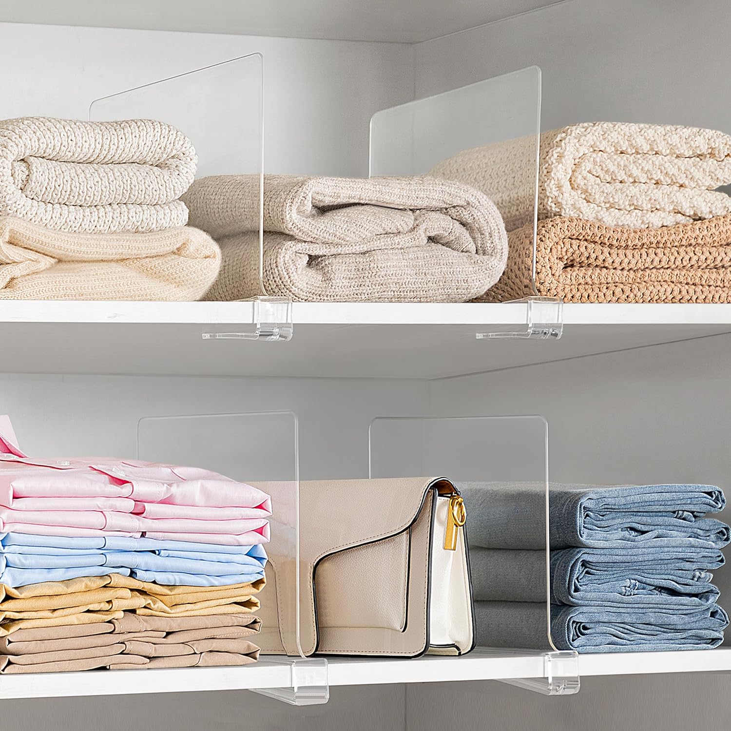 HBlife 12 Pack Clear Shelf Dividers, Vertical Purse Organizer for Closet Perfect for Sweater, Shirts, Handbags in Bedroom and Kitchen, Adjustable Acrylic Bookshelf for Organization