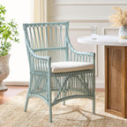 SAFAVIEH Furniture - Zorianna Dining Chair - Light Blue Rattan & White Cushion - Armchair Design - Ideal for Dining Room, Kitchen, 18.5" Seat Height (DCH6505C)