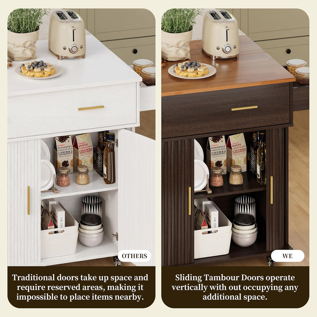 DHH Rolling Kitchen Island with Drop Leaf Countertop&Ample Storage - 39.4" Small Mobile Kitchen Cart On Wheels with Sliding Door,Drawers,Spice Rack & 2-Tier Storage (Dark Walnut)