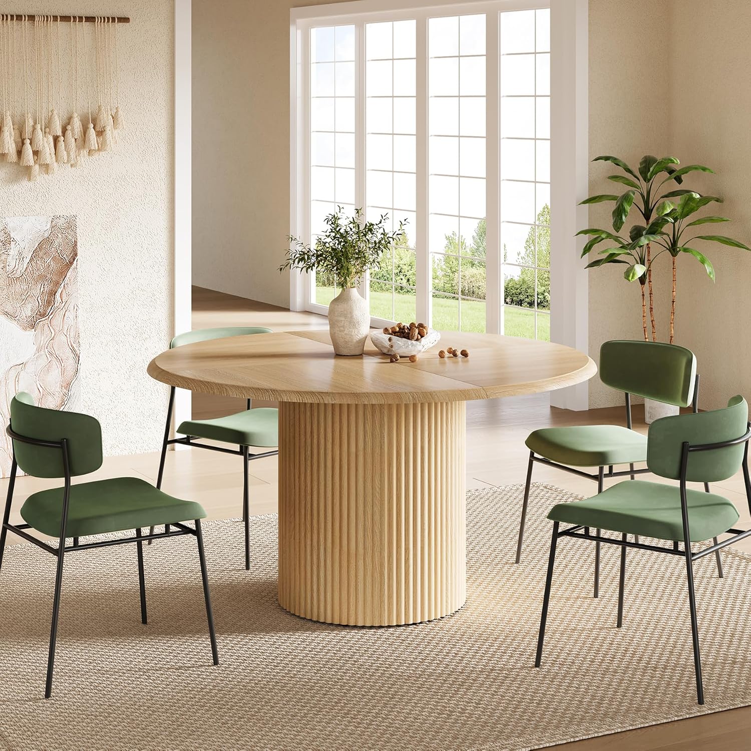 LITTLE TREE 47 Inches Round Dining Table for 4, Farmhouse Natural Wooden Dining Room Table with Heavy Duty Fluted Pedestal, Large Circle Kitchen Dinner Table for Dining Room, Living Room (Table Only)