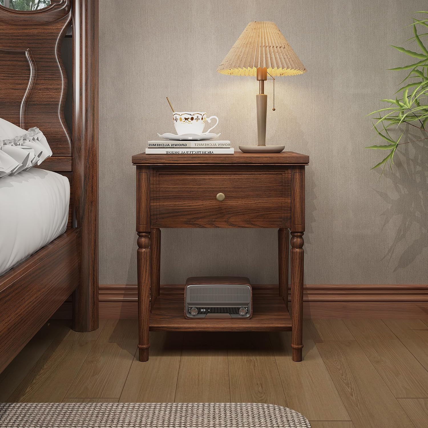 Solid Wood Nightstands Set of 2 with Drawer, Farmhouse End Table Sofa Side Table with Storage Shelves, Real Wood Beside Table Accent Table for Small Spaces, Living Room, Easy Assembly (Walnut)