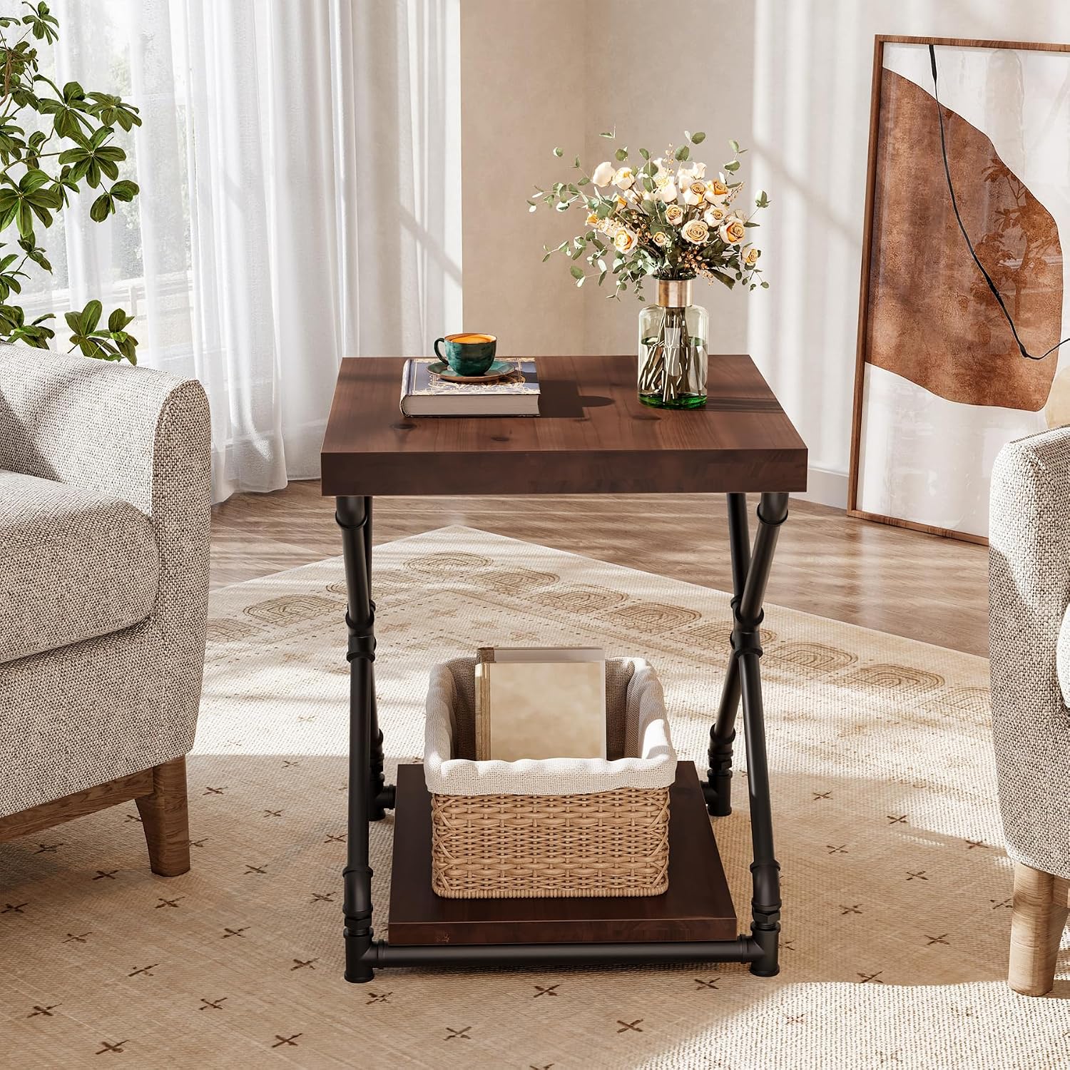 Tribesigns Solid Wood End Side Table with Storage Space for Living Room, Small Wood Nightstand for Bedroom, Dark Brown