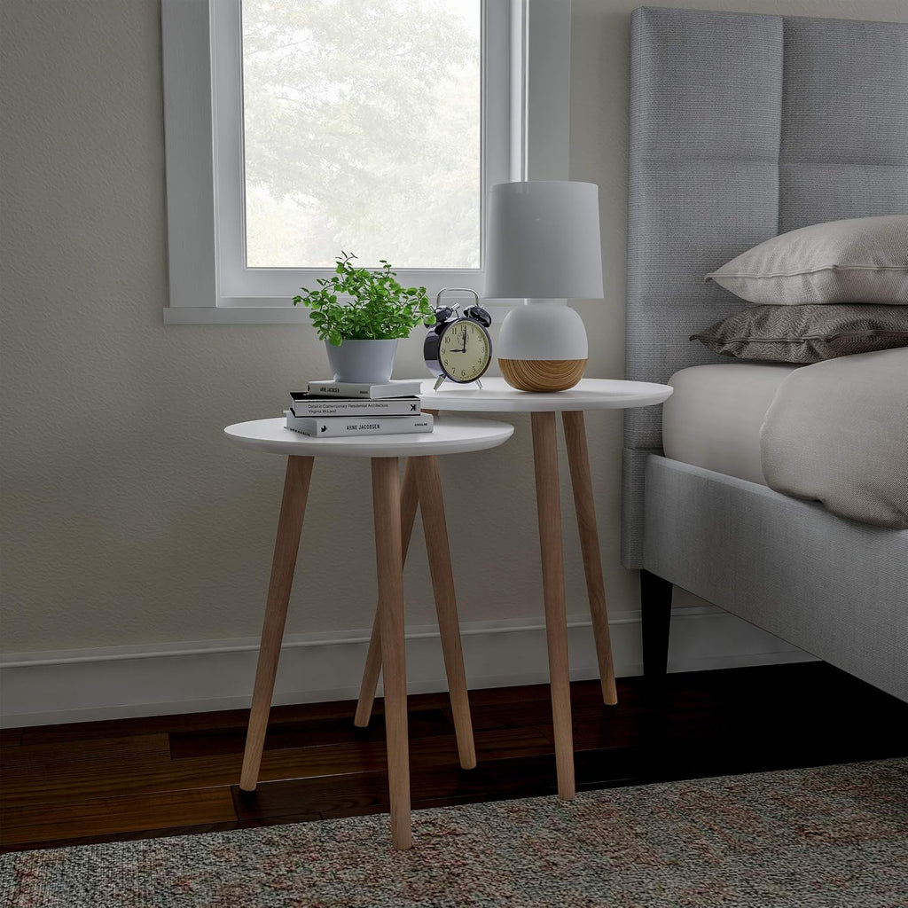 Nesting Side Tables - Set of 2 Round End Tables for Living Room, Bedroom, or Home Office - Accent Table Set - Mid-Century Modern Living Room Furniture by Lavish Home (White/Natural)