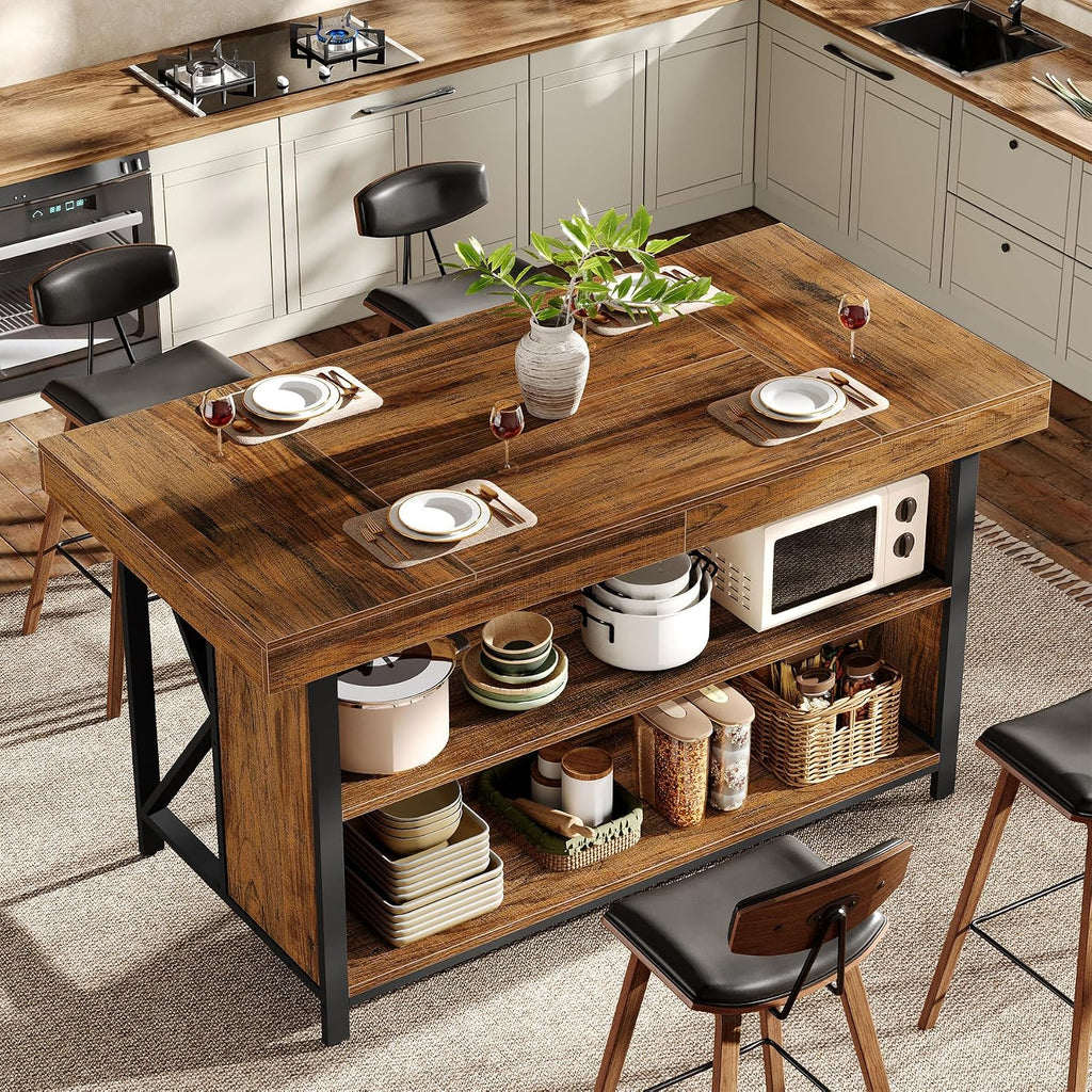 Tribesigns Large Kitchen Island with Storage, 55-Inch Wooden Stationary Island Table with Metal Frame, 3-Tier Industrial Center Bar Table with Thickened Countertop for Kitchen, Dining Room, Brown